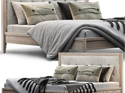 Modern Double Bed with Wooden Headboard Neutral Tones Pillows and Fringe Blanket 3d model