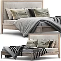Modern Double Bed with Wooden Headboard Neutral Tones Pillows and Fringe Blanket