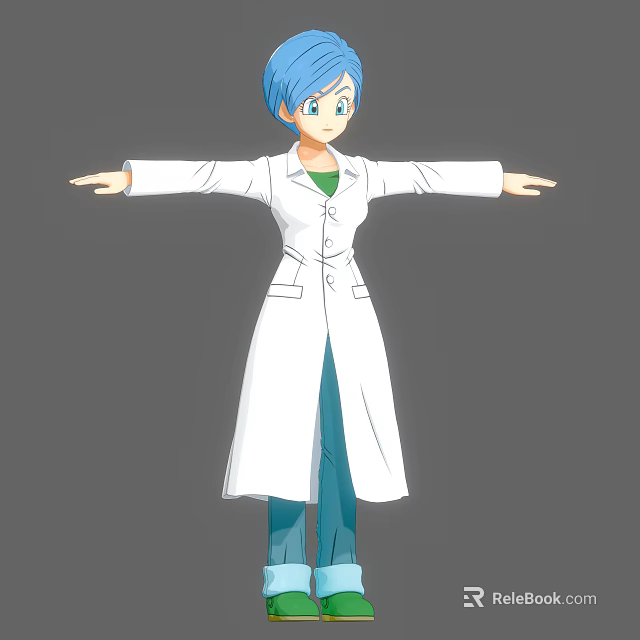 Blue Haired Game Movie Character In White Lab Coat Green Top Blue Pants Arms Outstretched 3d model 