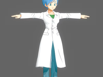 Blue Haired Game Movie Character In White Lab Coat Green Top Blue Pants Arms Outstretched 3d model