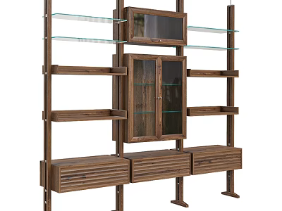 Modern Wooden Bookcase With Glass Shelves Glass Door Cabinet And Drawers 3d model