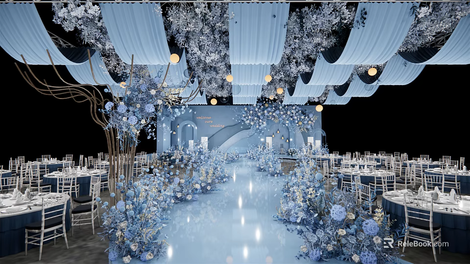 Elegant Blue Themed Banquet Hall With White Ceiling Drapes Blue Carpet And Floral Arrangements 3d model 