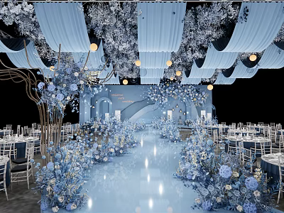 Elegant Blue Themed Banquet Hall With White Ceiling Drapes Blue Carpet And Floral Arrangements 3d model