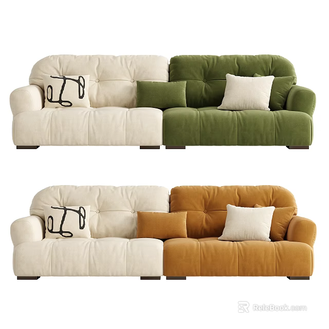 Beige Green and Orange Two Seater Sofas with Decorative Pillows in Living Room 3d model 