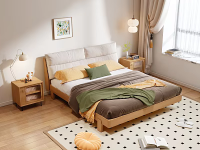 Double Bed with Soft Pillows Warm Blanket Wooden Nightstands and Bedside Lamps in Cozy Bedroom 3d model