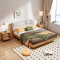 Double Bed with Soft Pillows Warm Blanket Wooden Nightstands and Bedside Lamps in Cozy Bedroom