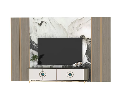 Modern TV Background Wall With Marble Texture TV Stand Potted Plant And Decorative Items 3d model