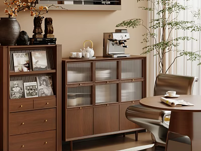 Modern Wooden Buffet Cabinet With Coffee Machine Tea Set And Potted Plant In Dining Area 3d model