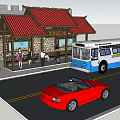 Chinese Style Bus Station With Red Roof Bus Red Car And Bicycles Nearby