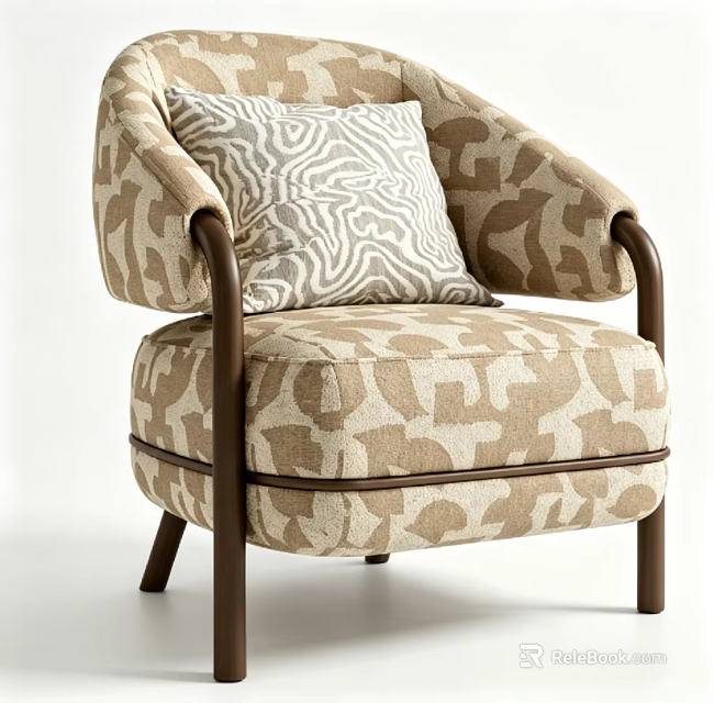 Stylish Single Sofa With Patterned Upholstery Wooden Arms And Striped Cushion 3d model 