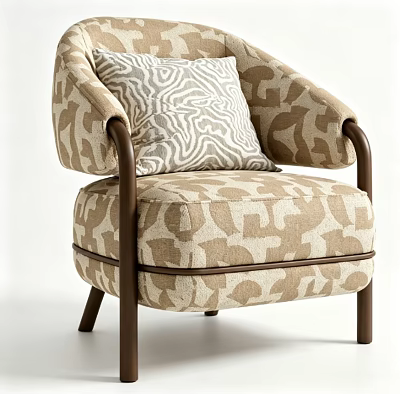 Stylish Single Sofa With Patterned Upholstery Wooden Arms And Striped Cushion 3d model