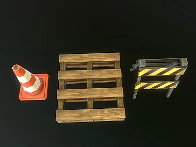Orange Traffic Cone Wooden Pallet And Road Barrier On Black Surface 3d model