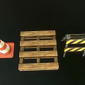 Orange Traffic Cone Wooden Pallet And Road Barrier On Black Surface