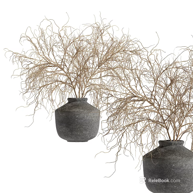 Decorative Ornament Set With Black Pottery Vases And Dried Branches For Home 3d model 