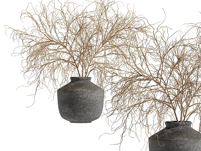 Decorative Ornament Set With Black Pottery Vases And Dried Branches For Home 3d model