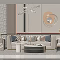 Modern Beige Sofa and Coffee Table Set with Pillows Decorative Mirror and Pendant Lighting 3d model