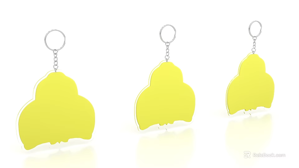 Three Yellow Check-in Keychains With Shaped Design And Silver Chains Rings 3d model 