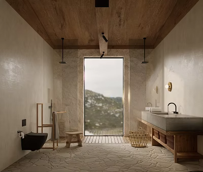 Rustic Bathroom With Wooden Ceiling Large Window Mountain View Stone Walls And Patterned Floor 3d model