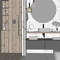 Modern Bathroom Interior With Wooden Wall Round Marble Mirror Black Cabinets And White Tiles
