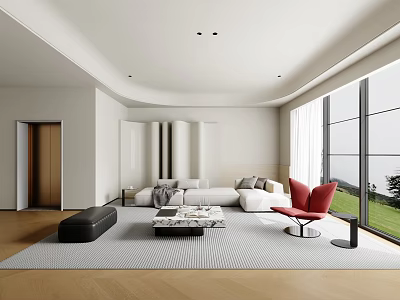 Stylish Modern Interior With Sofa Coffee Table Set Red Chair Black Ottoman And Large Windows 3d model