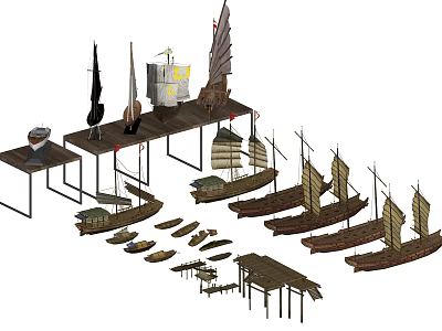 Sailboat Models Display With Various Traditional Styles And Wooden Structures 3d model