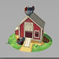 Chicken Perched On Red Barn Roof With Green Grass Path And Stones
