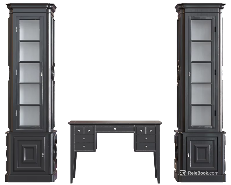 Traditional Black Desk With Drawers And Two Tall Glass Front Cabinets 3d model 