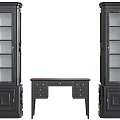 Traditional Black Desk With Drawers And Two Tall Glass Front Cabinets