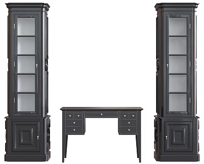 Traditional Black Desk With Drawers And Two Tall Glass Front Cabinets 3d model
