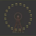 Ferris Wheel With Yellow Cabins And Red Structure On Gray Background With Reflection