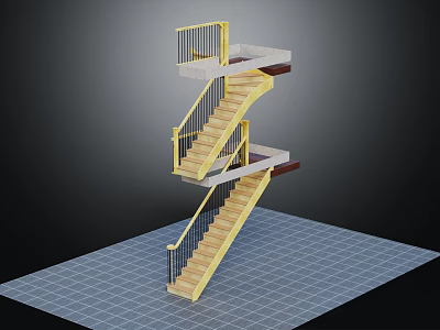 Modern Unique Staircase Design With Yellow Steps Black Railings And White Platforms 3d model