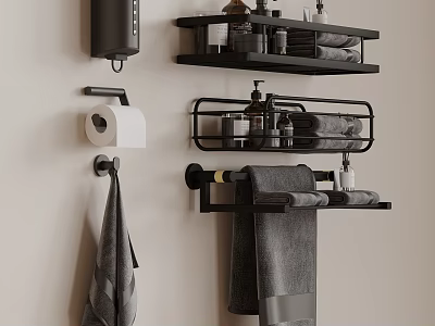 Wall Mounted Bathroom Accessories With Black Shelves Towel Rack Toilet Paper Holder And Towels 3d model