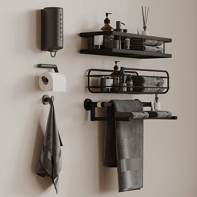 Wall Mounted Bathroom Accessories With Black Shelves Towel Rack Toilet Paper Holder And Towels 3d model