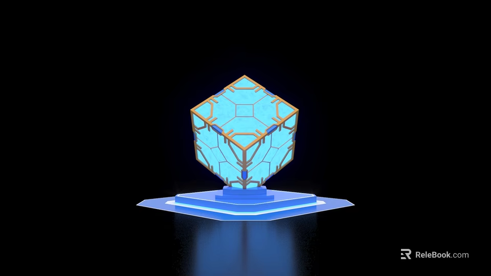 Futuristic Illuminated Photo Spot With Blue Geometric Cube And Glowing Base Design 3d model 