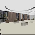 Modern Lobby Interior With Circular Ceiling Light Wooden Panel Walls Large Windows And Beige Sofas 3d model