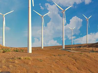 White Wind Turbine Towers Standing In Desert Landscape With Blue Sky And Clouds 3d model