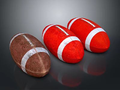 Three Brown And Red Footballs With White Stripes On Dark Background 3d model