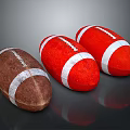 Three Brown And Red Footballs With White Stripes On Dark Background