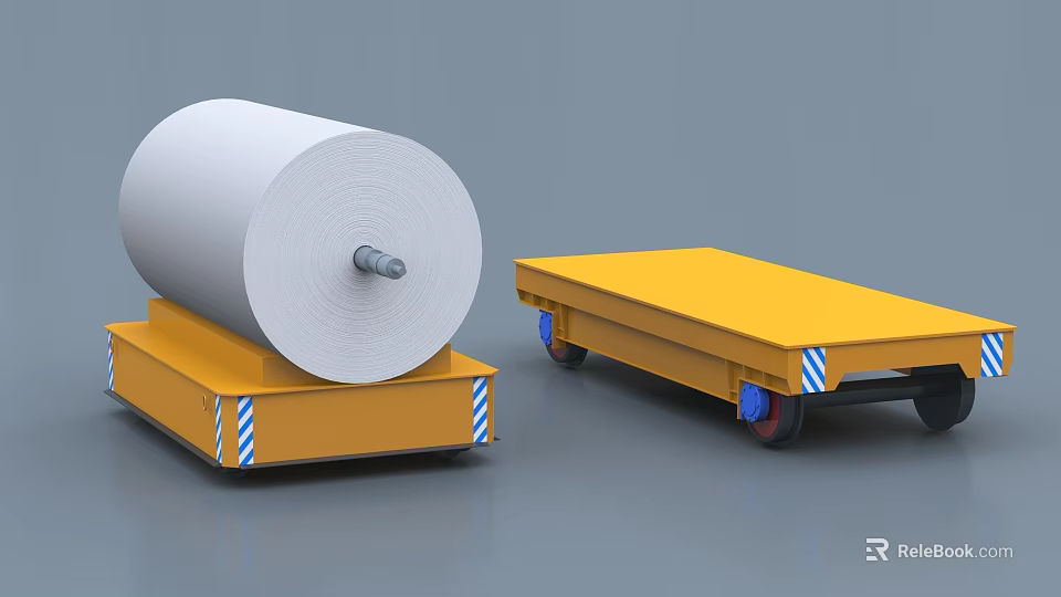 Industrial Equipment With White Roll Material On Yellow Platform And Flatbed Carts 3d model 