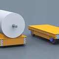 Industrial Equipment With White Roll Material On Yellow Platform And Flatbed Carts