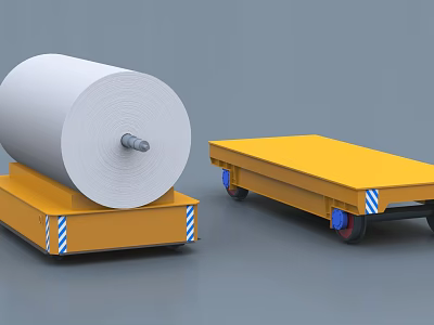 Industrial Equipment With White Roll Material On Yellow Platform And Flatbed Carts 3d model