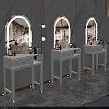 White Dressing Tables With Arched Mirrors Wall Lights And Skincare Bottles On Marble Wall Background