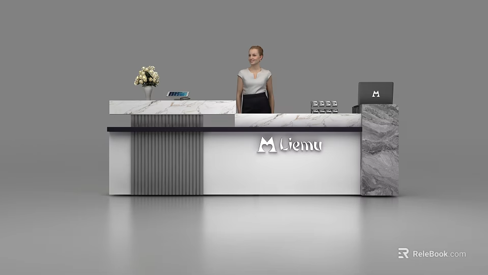 Modern Lienu Reception Desk With Marble Surface Receptionist Flower Vase And Monitor 3d model 