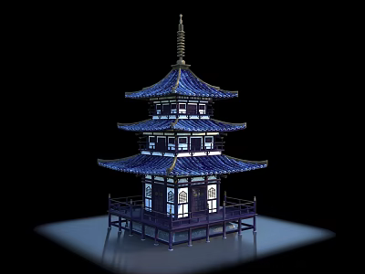 Ancient Chinese Three Story Pagoda With Blue Tiled Roof And Ornate Eaves On Wooden Platform 3d model