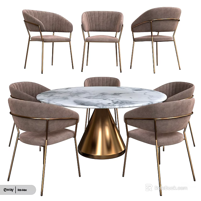 Round Marble Dining Table With Gold Legs And Gray Upholstered Chairs Set 3d model
