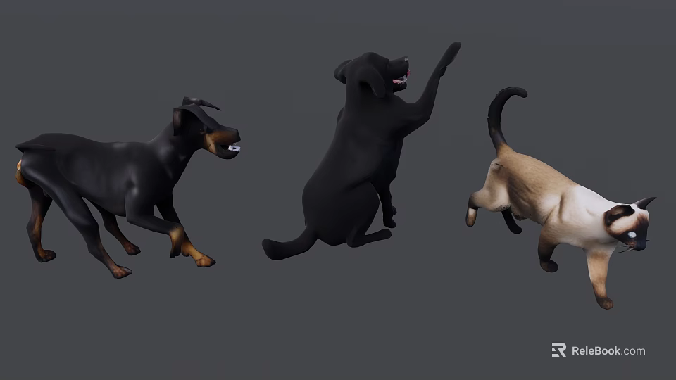 Energetic Black Dogs And Cat Playing Jumping On Gray Background 3d model 