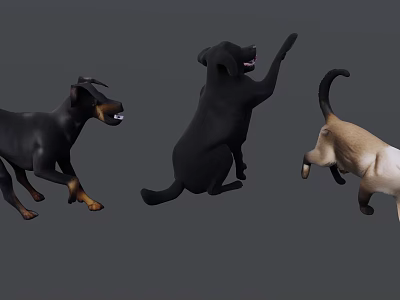 Energetic Black Dogs And Cat Playing Jumping On Gray Background 3d model