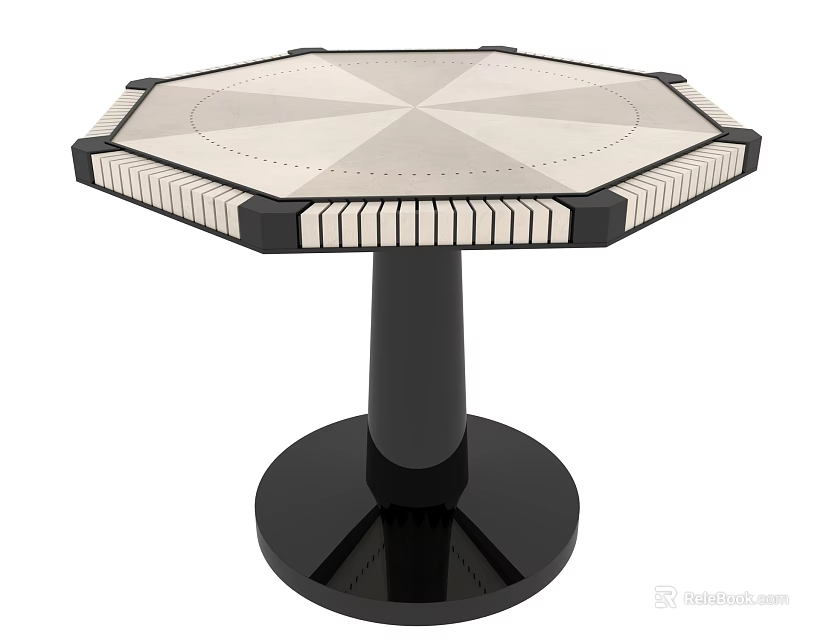 Modern Elegant Octagonal Dining Table With Geometric Inlaid Tabletop And Sturdy Black Pedestal Base 3d model 
