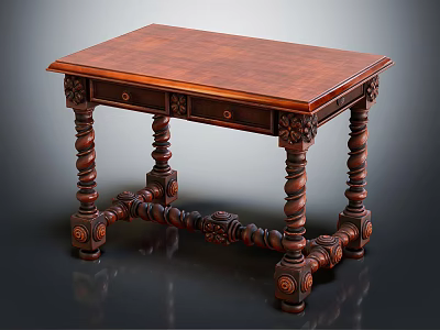 Antique Carved Wooden Table With Twisted Legs And Ornate Drawer Design 3d model
