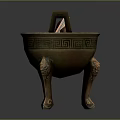 Traditional Bronze Tripod Cauldron Decorative Ornament Set With Intricate Patterns And Red Items Inside